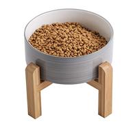 Addogyy Elevated/Raised Dog Bowl Ceramic with Wood Stand for Small Medium Breed,Dog Food Water Dish Heavy Weighted, Non Slip Modern Cute Porcelain 6 Inch Pet Bowl Grey White