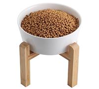 Addogyy White Elevated/Raised Dog Bowl with Wood Stand, Ceramic, Heavy Weighted, Non-Slip, Modern Cute Porcelain Pet Bowl for Medium/Large Breed