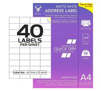 Address Labels, Self Adhesive Labels, 40 Labels Per A4 Sheet, 4000 Labels | 45.7 x 25.4mm Matte Sticker Label Paper | Printable Sticky Back | Inkjet & Laser Printing | 100 Sheet, 40 Labels Per Page