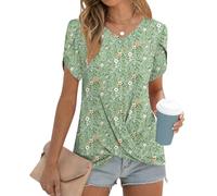 Addtoo Womens Casual 2025 Tunic Summer Twist Front Tops Short Sleeve Blouse V-neck Loose Tshirt, V-green Floral, XXL