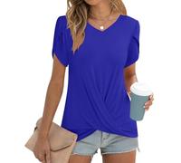 Addtoo Womens Casual 2025 Tunic Summer Twist Front Tops Short Sleeve Blouse V-neck Loose Tshirt, V-royal Blue, Medium