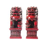 Addune Feng Shui Chinese Beijing Foo Dogs Statues Pair Guardian Lions Statues Wealth Protection Figurine Decorations Home Decor Gifts (Dark red, M)