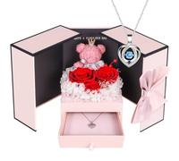 ADDWel Preserved Real Roses with 925 Sterling Silver Blue Heartbeat Necklace, Romantic Birthday for Wife, Girlfriend, Forever Flower Jewellery Gift Box