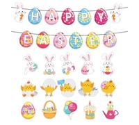 Adecortalk Happy Easter Birthday Banner with 17 Pcs Easter Bunny Egg Chick Paper Cutouts 15 Pcs Swirl Hanging Decorations for Spring Easter Birthday Hanging Anniversary Baby Shower Party Decorations