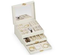 ADEL DREAM 6-Tier Jewellery Box with Clover Button Jewellery Storage with Extendable Tray Jewellery Organiser with Large Mirror, DIY Adjustable Compartments, for Mothers and Girls, White
