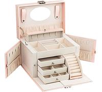 ADEL DREAM Jewelery Box, Jewelery Case With Mirror, Handle With Lock For Travel, 4 Floors With 3 Drawers, Gift Idea For Women, Pink, 26X18X18Cm