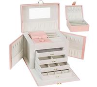 AdelDream Jewellery Box Large Lockable 5 Tier 5 Drawers with Mirror for Rings, Earrings, Necklaces and Bracelets Elegant and Classic Pink-03-4