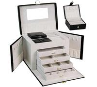 AdelDream Large Lockable 5-Tier 5-Drawer Jewellery Box with Mirror, for Rings, Earrings, Necklaces and Bracelets, Elegant and Classic (Black-03-2)