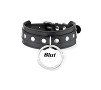 ADEMISHIA Black O-ring Leather Choker Collar for Women, Gothic Punk Style Adjustable Choker Necklace with Rivets and Engraved Letters Steel Tag, Faux Leather, No Gemstone
