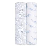 aden + anais Oceanic Swaddle Blanket - Pack of 2 | Large 100% Breathable Organic Muslin Cotton Swaddle Wrap Set for Baby Boys | Blue, Wales, Stars Print Designs | Newborn & Infant Sleep Essentials