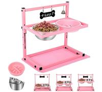 ADENGL Pink Raised Dog Bowl Stand with Two 1700ml Stainless Steel Food Bowl, a Slow Dog Feeder and Spill Proof Mat, Adjustable Dog Feeder, Elevated Dog Bowls for Large Medium and Small Dogs