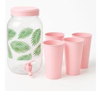 ADEPTNA 3.6L Drink Dispenser Tap, Handle, Screw Top Lid & 4 Tumblers Beverage Container for Juice Cocktails Lemonade Infused Drinks Summer Party BBQ Water Dispenser Leakproof Spigot Handle (Pink)