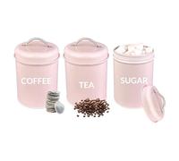ADEPTNA 3-Piece Tea, Coffee Sugar Kitchen Canister Set Round Food Storage Containers for Durable Metal Jars Airtight Lids Easy Clean Minimal Elegant Design Ideal for Office/Camping/Kitchen (PINK)