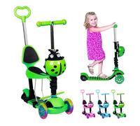 ADEPTNA 5-in-1 Kids Kick Scooter with LED Light-Up Wheels Adjustable Toddler Scooter with Removable Seat Push Handle Lean-to-Steer 3-Wheel Ride for Boys & Girls Ages 2-8 Smooth Sturdy Design (GREEN)
