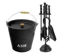 ADEPTNA 5-Piece Cast Iron Fireside Companion Set - Fireplace Tool Set with 12L Ash Bucket, Lid, Broom, Shovel, Tong & Poker on Stand - Perfect for Wood Burners, Coal Stoves, and Fireplaces