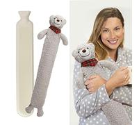 ADEPTNA Extra Long Hot Water Bottle with Sherpa Animal Character - Soft Plush Faux Fur Cover - Comfortable, Safe, Anti-Leak - Body Hot Water Bottle for Neck and Shoulder, Back, Legs, Waist (Grey)
