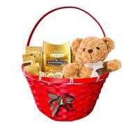 ADEPTNA Hand Woven Wicker Christmas Basket with long handle - 30cm Festive Striped Bamboo Hampers with Handles, Decorative Bow, Holly & Bell - Natural Storage & Gift Hampers for Xmas (RED)