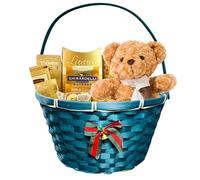 ADEPTNA Hand Woven Wicker Christmas Basket with long handle - 30cm Festive Striped Bamboo Hampers with Handles, Decorative Bow, Holly & Bell - Natural Storage & Gift Hampers for Xmas (GREEN)