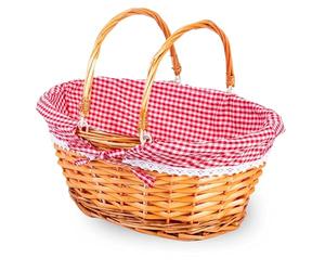 ADEPTNA Lightweight Wicker Shopping Basket with Foldable Handles - Handwoven Willow Hamper with Red Gingham Cotton Liner - Gift, Picnic, Easter, Toy, Garden, Storage Basket (SMALL)