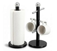 ADEPTNA Mug Holder Tree & Kitchen Roll Holder Set Stainless Steel Coffee Cup Stand with 6 Hooks, Heavy Duty Paper Towel Holder with Weighted Base, Black Countertop Organizer for Kitchen Coffee Bar