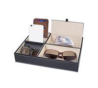 ADEPTNA New Premium 5 Compartment Valet Tray - Premium Quality Black Textured Leather Table Desktop Dresser Wallet Office Jewellery Storage Tray