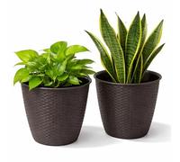ADEPTNA Pack of 2 Rattan Plant Pots Plastic Wicker Style Planters with Drainage Holes Lightweight Durable Flower Plant Pots for Indoor Outdoor Garden Patio Balcony Home Décor (BROWN)