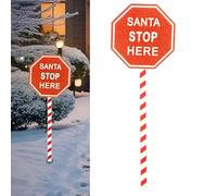 ADEPTNA Pack of 2 Santa Stop Here Signs - Glitter Christmas Yard Stake Decorations | Santa Please Stop Here Outdoor Garden Signs | Festive Holiday MDF Lawn Ornament