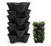 ADEPTNA Pack of 6 Stackable Trio Strawberry Planter Pots Black Durable Plastic Herb Flower Bedding Plant Container Weather-Resistant Vertical Garden Design Perfect Indoor Outdoor (BLACK / 6PK)