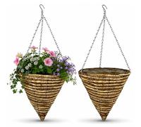 ADEPTNA Set of 2 Cone Garden Hanging Baskets 14 Inches - Natural Basket Hanging Plants Wall Flower Planter Pot with Detachable Hanging Chain for Home Garden Decoration (14" ROPE BASKETS)