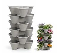 ADEPTNA Stackable Trio Strawberry Planter Pots Durable Plastic Herb Flower Bedding Plant Container Weather-Resistant Vertical Garden Design Perfect Indoor Outdoor (PLATINUM / 6PK)