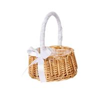 ADEPTNA Wicker Rattan Flower Basket with Handle - Wedding Flower Girl Handmade with Bow - Woven Eggs Candy Basket for Wedding Party Easter Christmas Home Decoration (MEDIUM - 16cm diameter)