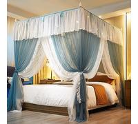 AdeptT Princess Bed Curtain Frame, Stainless Steel Bed Curtain Post, 4 Corner Mosquito Netting Bracket, Bed Stand Canopy Post, Fit Bed,Blue,Full