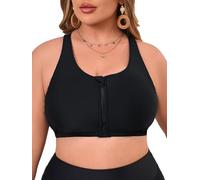Aderea Women's Sports Bra Bikini Top for Large Bust Racerback Swim Bras Zipper in Front Bathing Suit Top Swimsuit Tops Only, Black, XL
