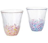 ADERIA Japanese Glass Set of 2 Cups Tumblers Pink and Blue 10.8oz 320ml Pair Glasses Cherry Blossom Made in Japan Handmade Drinking Glasses for Tea Water Juice Tsugaru Vidro Gift Box