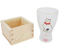 Aderia Japanese Masuzake Sake Glass and Hinoki Cypress Cup Set 100ml Made in Japan Lucky Animals Series - Cat 6615
