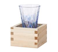 ADERIA Japanese Rice Wine Set Cold Sake Cup 3.2oz 95ml with Masu Wooden Box Handmade Katakuri Dogtooth Violet Blue Made in Japan Tsugaru Vidro Glass Spilled Sake Cup Gift Box