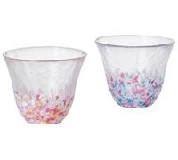 ADERIA Japanese Sake Glass Set of 2 Sake Cups Pink 4oz 120ml Blue 4oz 120ml Pair Glasses Cherry Blossom Made in Japan Handmade Drinking Glasses for Sake Tea Juice Water Dots Tsugaru Vidro Gift Box