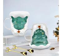 ADERTOS 2 PCS Christmas Tree Coffee Mugs Double Wall Insulated Glasses Coffee Glass Mug Tea Cup Cappuccino Latte Macchiato Glasses Cups Heat Resistant Coffee Cup with Lid Handle for Xmas Gift - 300ml