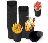 ADERTOS 50 Pcs Disposable French Fries Cup, 14oz Snacks Kraft Paper Cups Waffle Snacks Holders Ice Cream Food Trays Paper Cones Take- out Party Frozen Dessert Supplies for Party Food Buffets (Black)