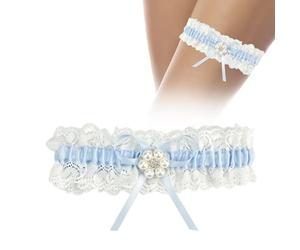 ADERTOS Blue Bridal Garter Wedding Lace Garter Elasticated Blue Ribbon Garter Wedding Gift with Bows and Pendants for Wedding Dresses Accessories(Size: 33-66cm)