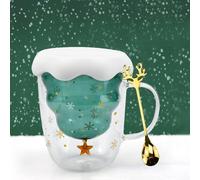ADERTOS Christmas Tree Coffee Mugs Double Wall Insulated Glasses Coffee Glass Mug Tea Cup Cappuccino Latte Macchiato Glasses Cups Heat Resistant Coffee Cup with Lid Handle for for Xmas Gift - 300ml