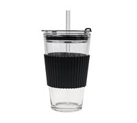 ADESUGATA 450ML Transparent Glass Coffee Mug with Lid, Portable Travel Cup with Straw for Tea and Smoothies (Gray)