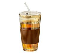 ADESUGATA 450ML Transparent Glass Coffee Mug with Lid, Straw for Tea, Smoothies (Amber)