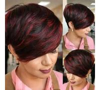 Adette Basic Pixie Cut Wig Straight Style - 1B/99J Burgundy Highlight 180% Density Brazilian Virgin Human Hair with Rose Net Cap, Glueless Machine Made for African American Women, Cosplay & Daily Wear