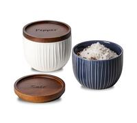 Adewnest Ceramic Salt and Pepper Bowls: 10 oz Stackable Spice Cellar with Wooden Lid - Stacked Seasoning Storage Containers for Kitchen Countertop - Navy & White, Set of 2