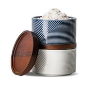 Adewnest Salt and Pepper Bowls: 10 oz Ceramic Stackable Spice Cellar with Wooden Lid - Stacked Seasoning Storage Containers for Countertop Stovetop - Striped, White & Navy