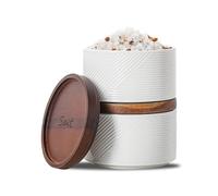 Adewnest Salt and Pepper Bowls: 10 oz Ceramic Stackable Spice Cellar with Wooden Lid - Stacked Seasoning Storage Containers for Countertop Stovetop - Striped, White