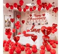 Adeyoo Anniversary Decorations - Valentines Day Decorations with Happy Anniversary Banner and Photo Banner, Red Heart Balloons I Love You Foil Balloons Rose Petals for Romantic Valentines Party