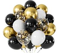 Adeyoo Black and Gold Balloons - 12 Inch Congratulations Balloons with Black Gold White Latex Balloon Glitter Confetti Balloon for Congratulations Birthday Wedding Retirement Party Decorations