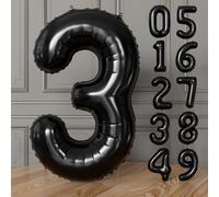 Adeyoo Black Number 3 Balloon - Large Black Number Balloons 0-9 for Birthday Party Decorations, Self Inflating Foil Digital Balloon 3 for Birthday Anniversary New Year Graduation Party Decorations